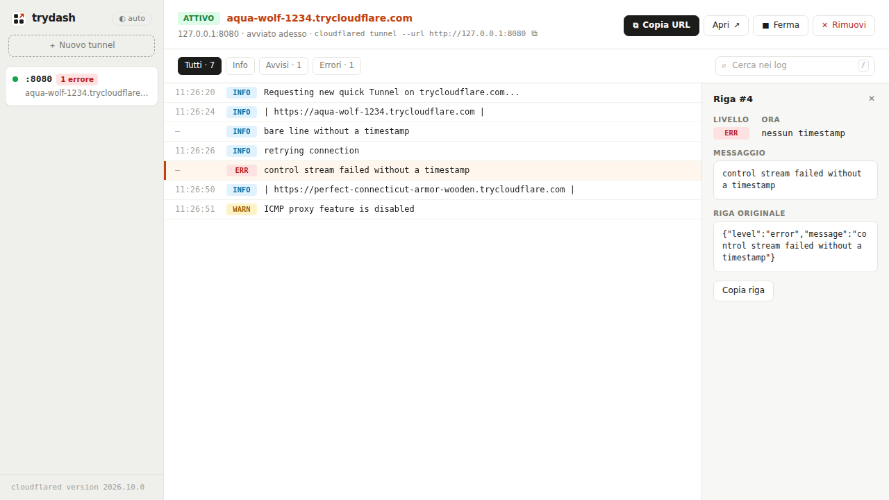 trydash: the tunnel list on the left, the selected tunnel’s logs in the middle, the details of one line on the right